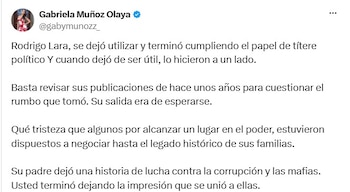 Gabriela Muñoz, una de las jóvenes más reconocidas de los últimos meses por verse involucrada en escalos del gobierno del Expresidente Petro, mencionó que la salida de Lara tenia los días contados debido a su inesperado cambio de ideología - crédito @gabymunozz_/X