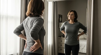 Una mujer de cabello castaño, vestida con camiseta gris y leggings oscuros, se mira en un espejo de cuerpo entero, con las manos en la cintura, su reflejo es visible.