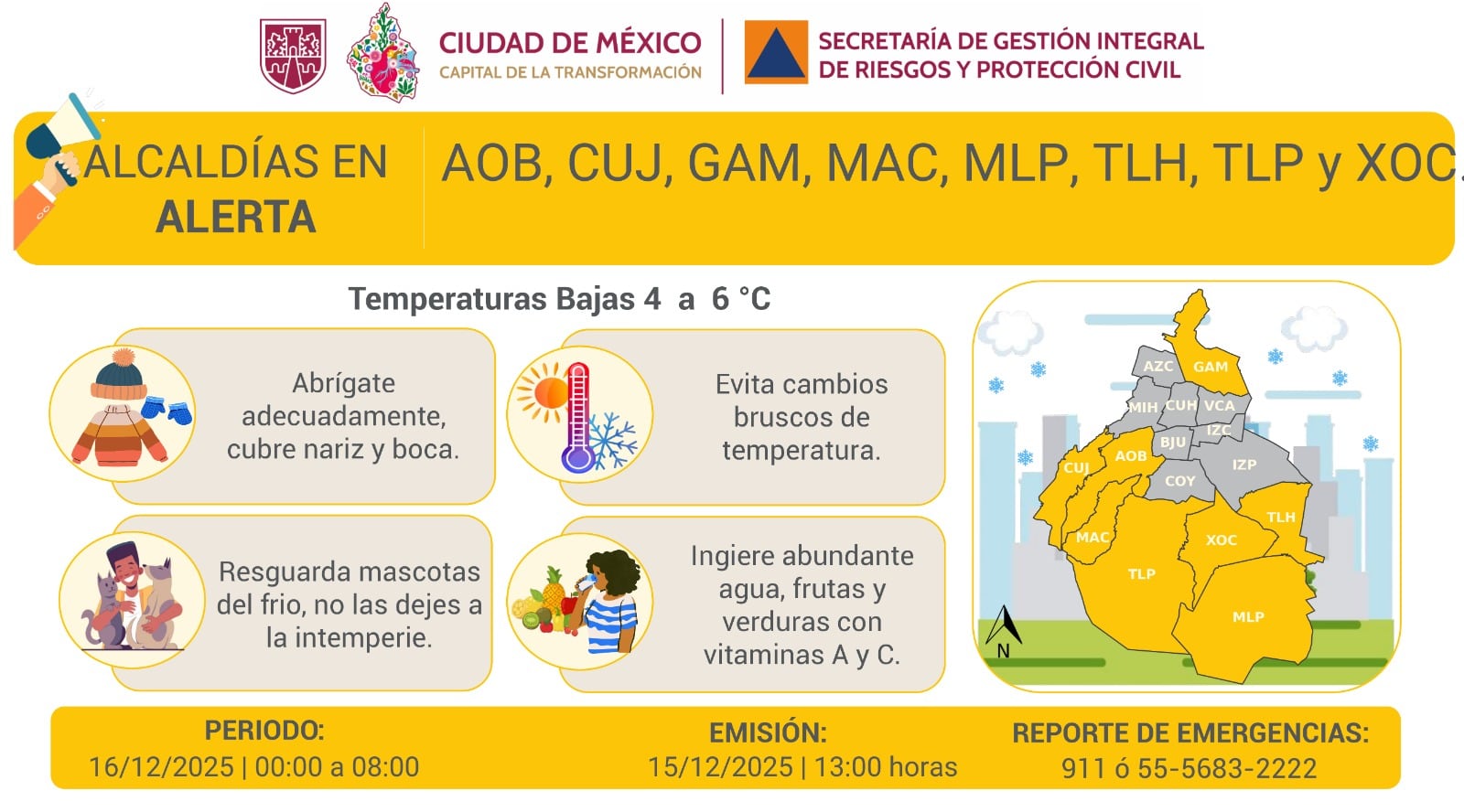 Activan alerta amarilla por bajas temperaturas para el amanecer de este martes 16 de diciembre. Foto: X/@SGIRPC_CDMX.