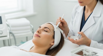 Mujer con los ojos cerrados recibe peeling facial. Dermatóloga aplica sustancia blanca con pincel en su rostro.