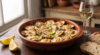 Fuente de greda con machas gratinadas con queso, acompañada por dos trozos de limón, pan en rebanadas y una copa de vino blanco.