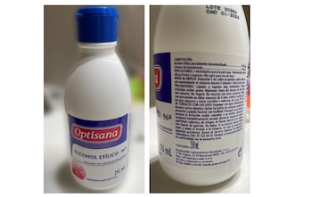 Optisana Alcohol 96º con cloruro de benzalconio antiséptico para piel sana, con nº registro 678-DES y nº de lote 30362.
