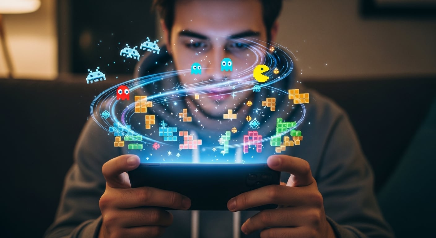 Un joven disfruta de videojuegos retro en su dispositivo móvil, rodeado por hologramas que representan icónicos personajes y elementos de juegos clásicos como Pac-Man, Tetris y Space Invaders. La imagen destaca el resurgimiento y la permanencia de los clásicos del gaming en las plataformas modernas. (Imagen Ilustrativa Infobae)