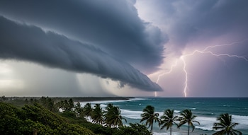Vista aérea de una costa tropical con palmeras bajo un cielo de tormenta oscuro y amenazante, con relámpagos cayendo sobre el océano y lluvia intensa.