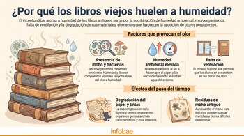 Infografía con pila de libros viejos y gráficos sobre moho, bacterias, humedad, ventilación, degradación de papel, tintas y manchas.