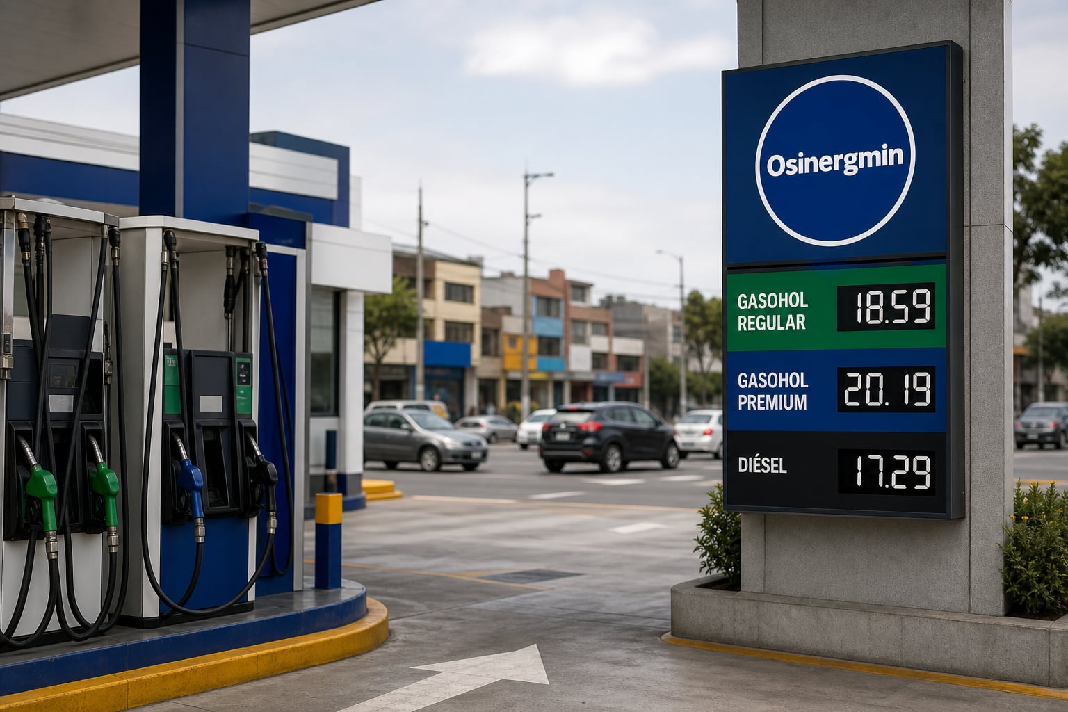 Un panel informativo de Osinergmin en una estación de servicio de Lima indica las tarifas del gasohol y el diésel. (Imagen Ilustrativa Infobae)