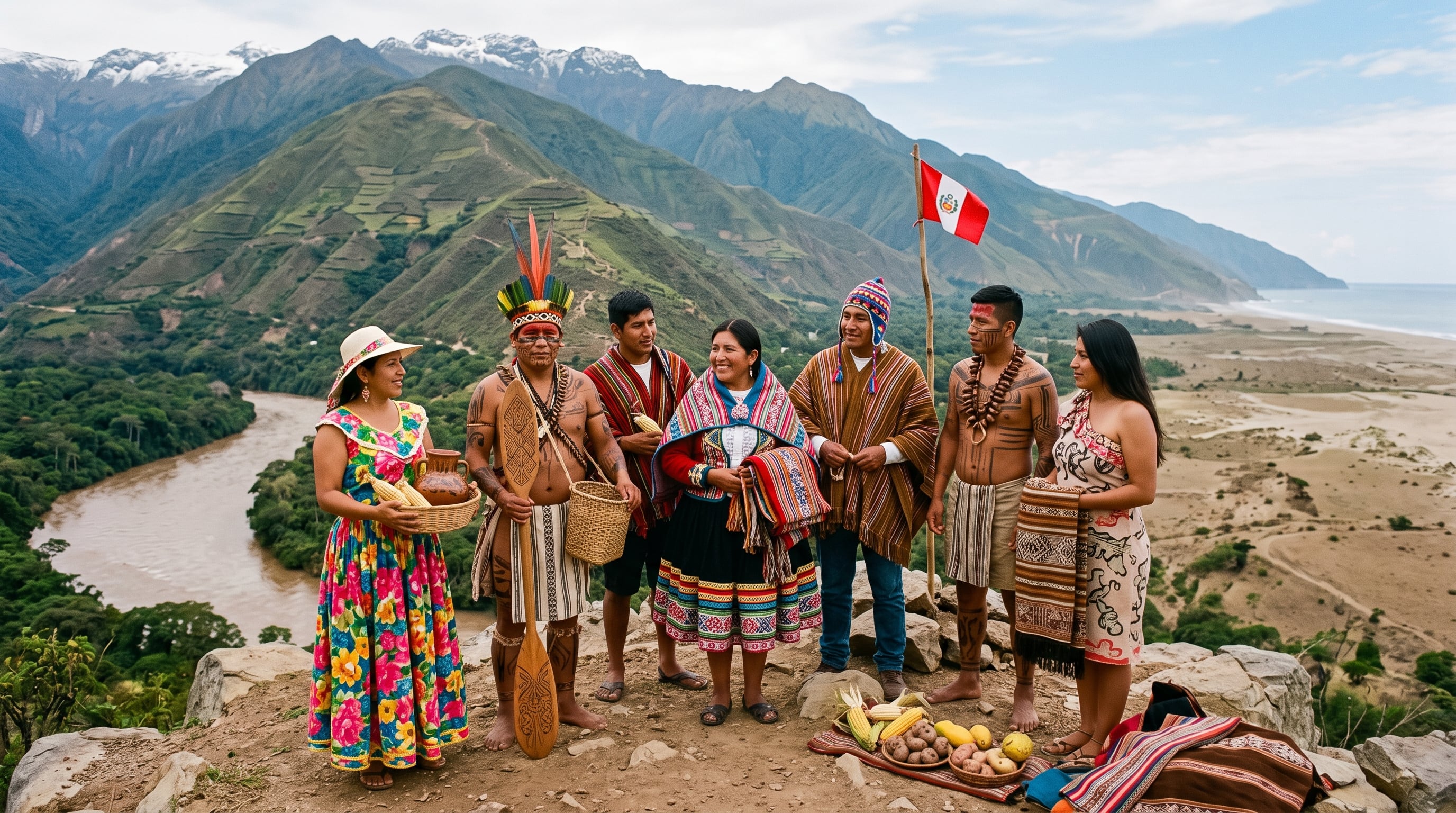 Personas con vestimentas tradicionales de la costa, la sierra y la Amazonía se reúnen junto a una bandera peruana en un paisaje que integra las tres regiones. (Imagen Ilustrativa Infobae)
