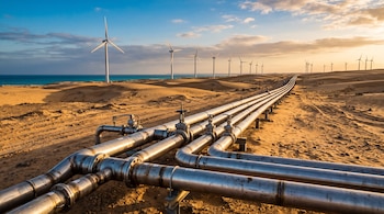 Tuberías metálicas en un suelo desértico junto a la costa con varios aerogeneradores eólicos al fondo.