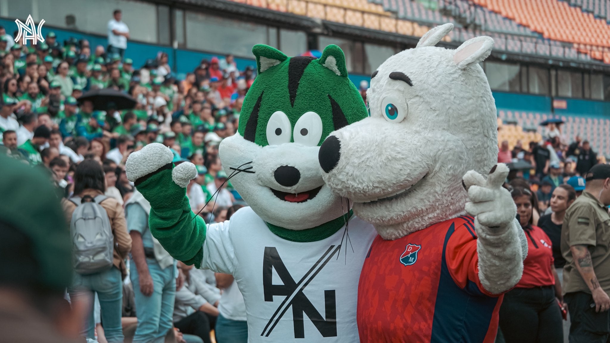 Las mascotas de Independiente Medellín y Atlético Nacional en el anuncio del proyecto para remodelar el estadio Atanasio Girardot - crédito X