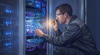 Ilustración de un hombre con gafas que ilumina con una linterna los cables azules y morados dentro del armario de un servidor.