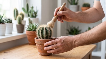 Manos de una persona que pasan una brocha sobre un cactus en maceta de terracota, situado en una mesa junto a otras plantas.