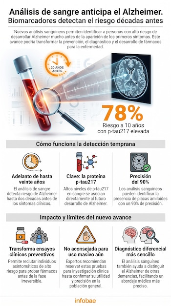 Tubo de ensayo con sangre, lupa, cerebro en resonancia magnética, gráficos, reloj, molécula, píldoras, figuras de personas, señal de advertencia, diagramas.