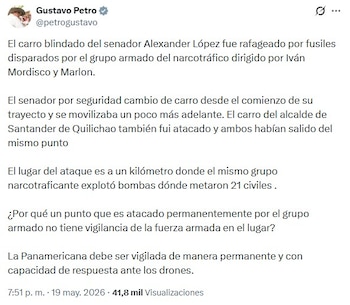 El mandatario denunció falta de vigilancia en el lugar donde se produjo el retén ilegal donde fue atacado el congresista - crédito @petrogustavo/X