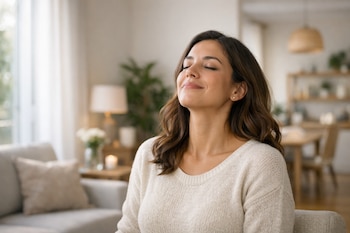 Mujer con cabello oscuro y suéter claro, ojos cerrados y cabeza levantada, respirando profundamente en un entorno hogareño bien iluminado.