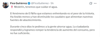 La Alcaldía de Medellín afirmó que los cortes de agua responden a condiciones técnicas de abastecimiento y no al estrato socioeconómico - crédito Federico Gutiérrez/X