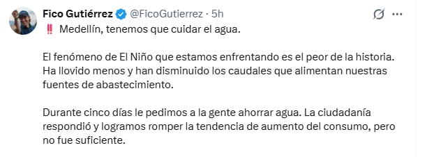 La Alcaldía de Medellín afirmó que los cortes de agua responden a condiciones técnicas de abastecimiento y no al estrato socioeconómico - crédito Federico Gutierrez/X