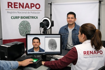 Hombre tramitando su CURP biométrica en módulo de RENAPO, con empleado asistiendo, huella digital escaneada y fotografía tomada frente a banner de RENAPO.