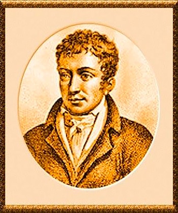 Grabado monocromático sepia de Nicolas Jacques Pelletier con cabello rizado, chaqueta y pañuelo al cuello, dentro de un marco ovalado