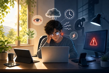 Un joven frente a una computadora portátil con un monitor, una tableta, plantas e iconos flotantes de un ojo, una nube, un reloj y un rayo.