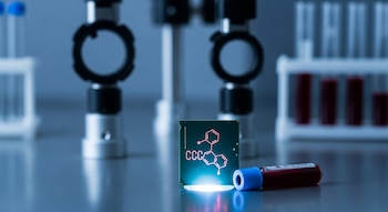 Un chip de laboratorio con marcas químicas y un vial de sangre en una mesa de investigación. Hay una luz debajo del chip y equipo óptico con tubos de ensayo al fondo.