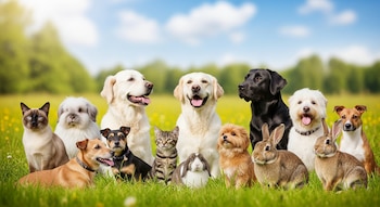 Una variedad de perros, gatos