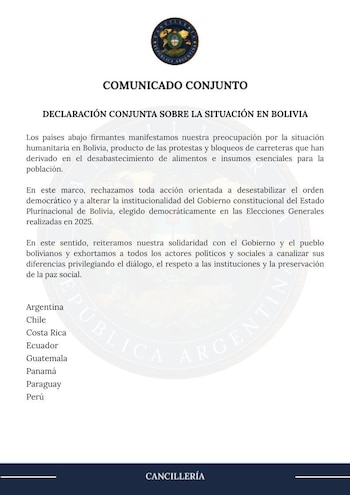 Primer plano de un documento oficial en español titulado "Comunicado Conjunto" y "Declaración Conjunta sobre la Situación en Bolivia", con el escudo de la República Argentina en la parte superior