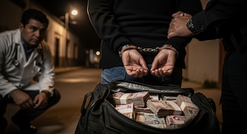 Persona con esposas, agente, bolsa llena de billetes, médico agachado y calle nocturna.