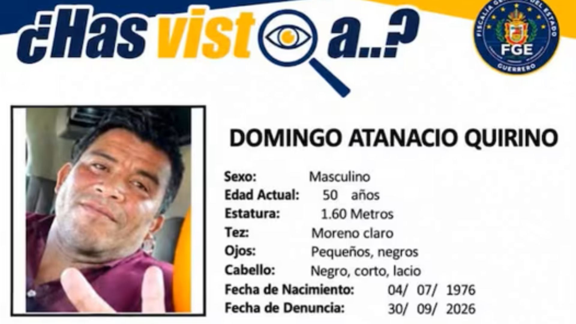 Ficha de búsqueda de Domingo Atanacio Quirino. (FGE Guerrero)
