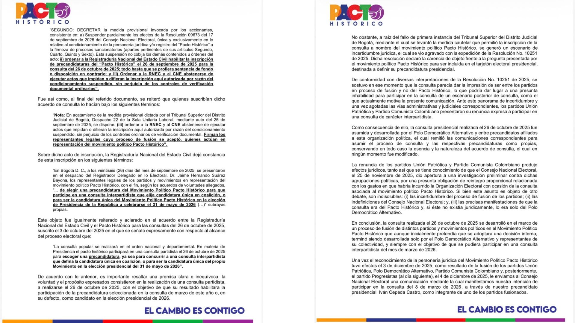 Solicitan al Consejo Nacional Electoral definir reglas para precandidatura del Pacto Histórico - crédito @PactoCol