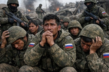 Hombres en uniformes militares rusos, angustiados, con banderas de Rusia en sus brazos. Al fondo, soldados armados y ruinas con humo de batalla.