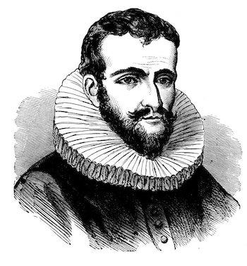 Un grabado en blanco y negro de un hombre con barba, bigote y cabello corto oscuro. Viste una gola plisada blanca y un traje oscuro con botones