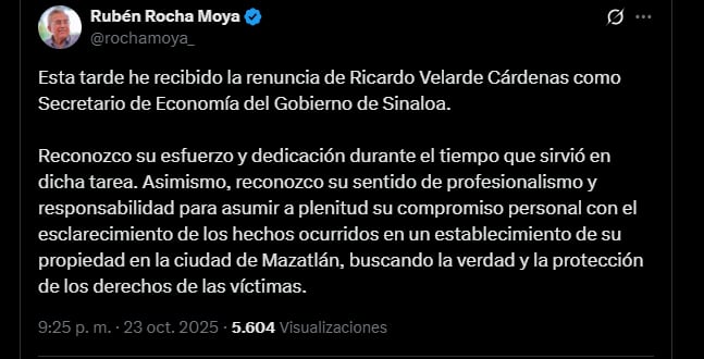 El gobernador anunció la renuncia de Ricardo Velarde el 23 de octubre de 2025. (Crédito: X|@rochamoya_)