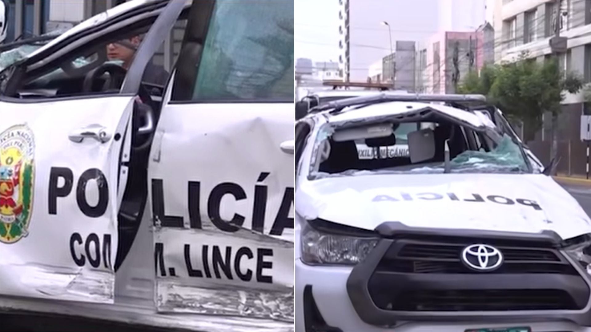 El patrullero de la Policía Nacional del Perú (PNP) quedó volcado tras una colisión en la avenida Petit Thouars, generando impacto visual y daños graves. (Exitosa)