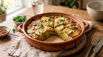Tortilla con capas de papa y zucchini en cazuela de barro, junto a perejil, especias, cubiertos y vaso con agua sobre mesa de madera.