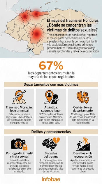 Mapa de Honduras con tres departamentos marcados en rojo, porcentajes, iconos ilustrativos de delitos sexuales, trauma y recuperación, y el logo Infobae.