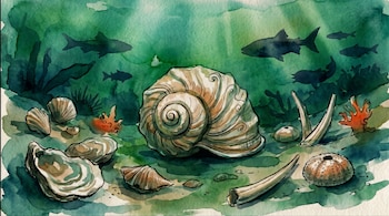 Acuarela de un lecho marino con una concha espiral grande, varias conchas, ostras, erizos de mar, coral y siluetas de peces en agua verde azulada.