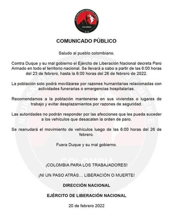 Mediante panfleto ELN anuncio supuesto