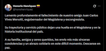 El presidente del Congreso Honorio Henríquez lamentó la muerte de Juan Carlos Vives Menotti - crédito @honohenriquez/X