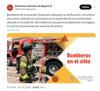 Los bomberos de Bogotá indicaron