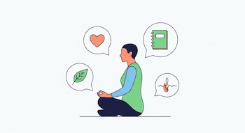 Ilustración de persona meditando de perfil, rodeada por burbujas con un corazón, un cuaderno, una hoja verde y un símbolo de respiración.