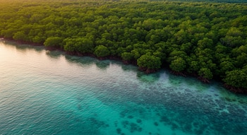 Vista aérea de un denso bosque de manglares de copas verdes exuberantes junto a una extensión de agua azul turquesa y reflejos dorados al amanecer. Las raíces de los manglares son visibles en la orilla.