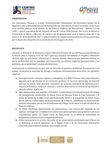 La iniciativa, que será discutida el 11 de agosto de 2026 en las comisiones económicas conjuntas del Congreso de la República, se apoya en el artículo 56 del Estatuto Orgánico del Presupuesto - crédito Centro Democrático