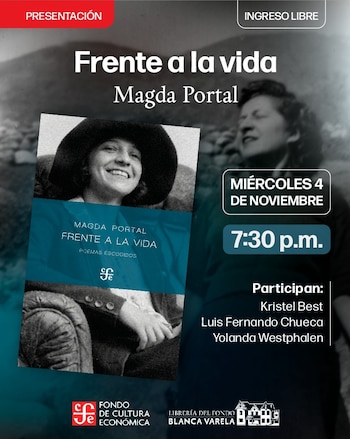 Afiche promocional con la portada del libro Frente a la vida, retratos de Magda Portal, datos de fecha y lugar, y logotipos editoriales