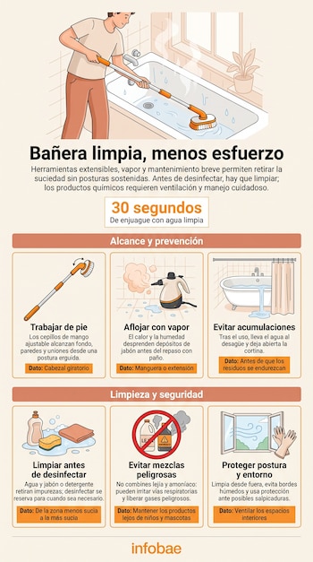 Infografía con la ilustración de una persona que lava una bañera con un cepillo extensible y seis recuadros con utensilios de limpieza.