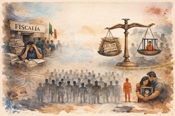 Un agente en una fiscalía con bandera de México, balanza con expedientes y persona en prisión, huella de crimen, cinta policial y pareja con foto de un niño.