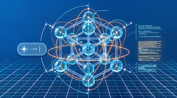 Estructura molecular de esferas de vidrio azul, órbitas anaranjadas, flechas de medición, un bloque de código y una cuadrícula sobre fondo azul.