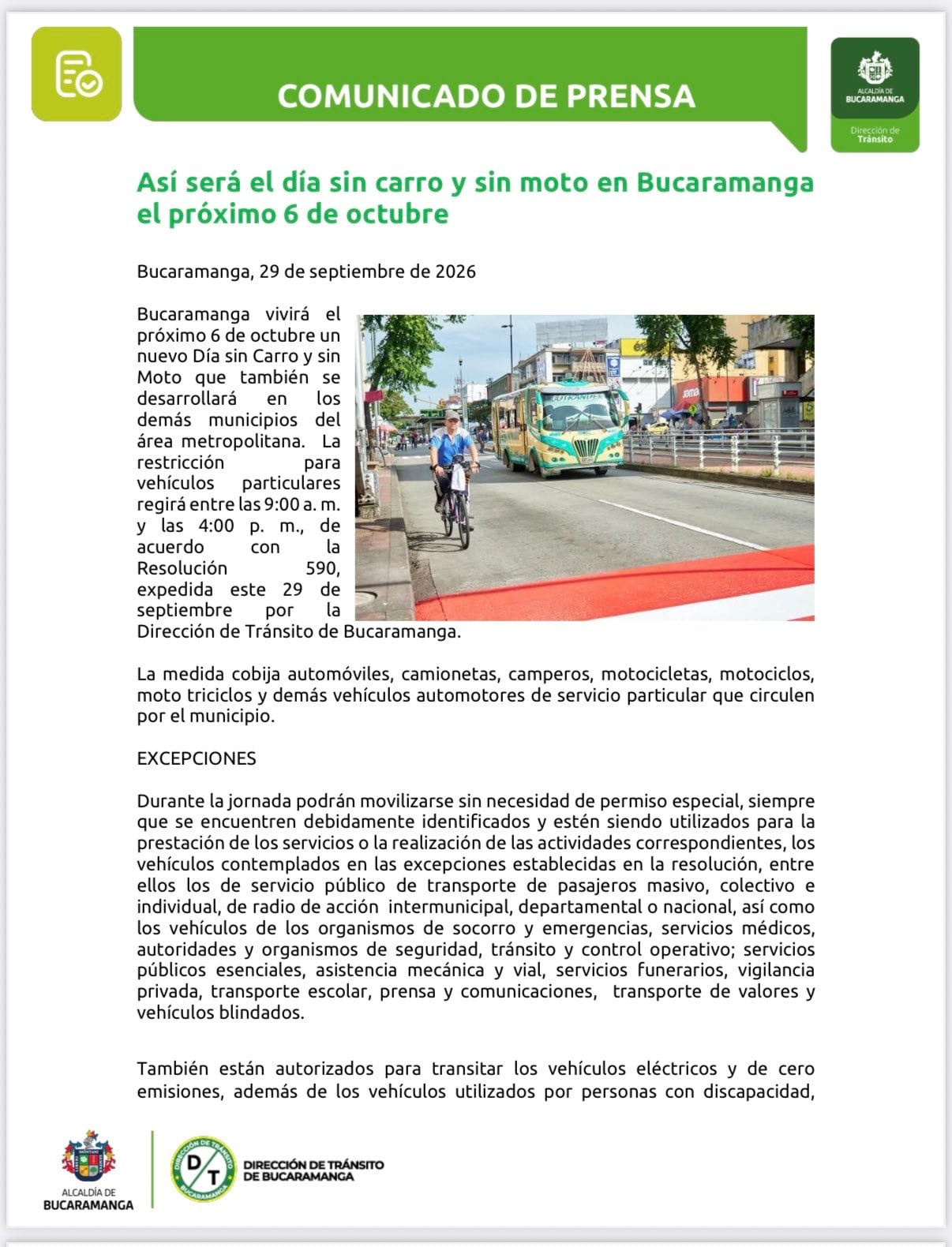 Bucaramanga y el área metropolitana aplicarán el Día sin Carro y sin Moto el martes 6 de octubre de 9:00 a. m. a 4:00 p. m. - crédito Secretaría de Tránsito de Bucaramanga