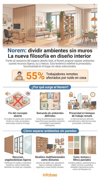 Infografía que ilustra el diseño Norem con un ambiente de oficina y sala divididos por listones, diagramas sobre ruido y privacidad, y elementos divisores.