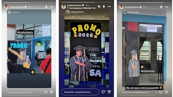 Tres capturas de pantalla de historias de Instagram muestran recortes de cartón del comediante Jorge Luna con toga y birrete, utilizados en decoraciones de promociones escolares