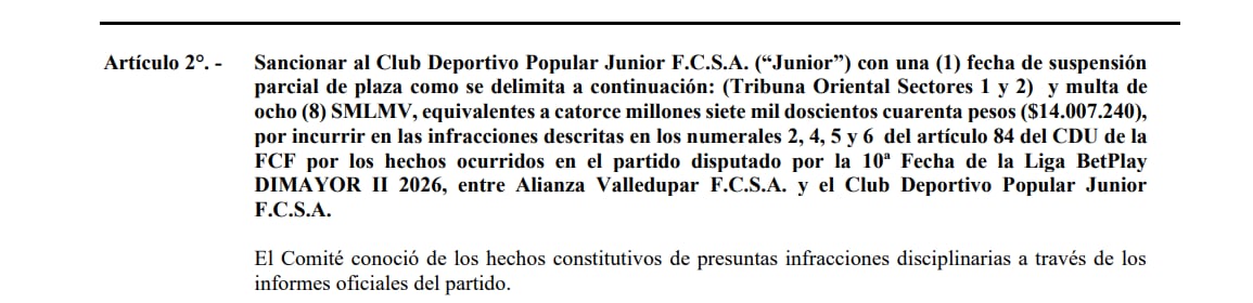 El anuncio de la Dimayor sobre la sanción a Junior de Barranquilla - crédito Dimayor